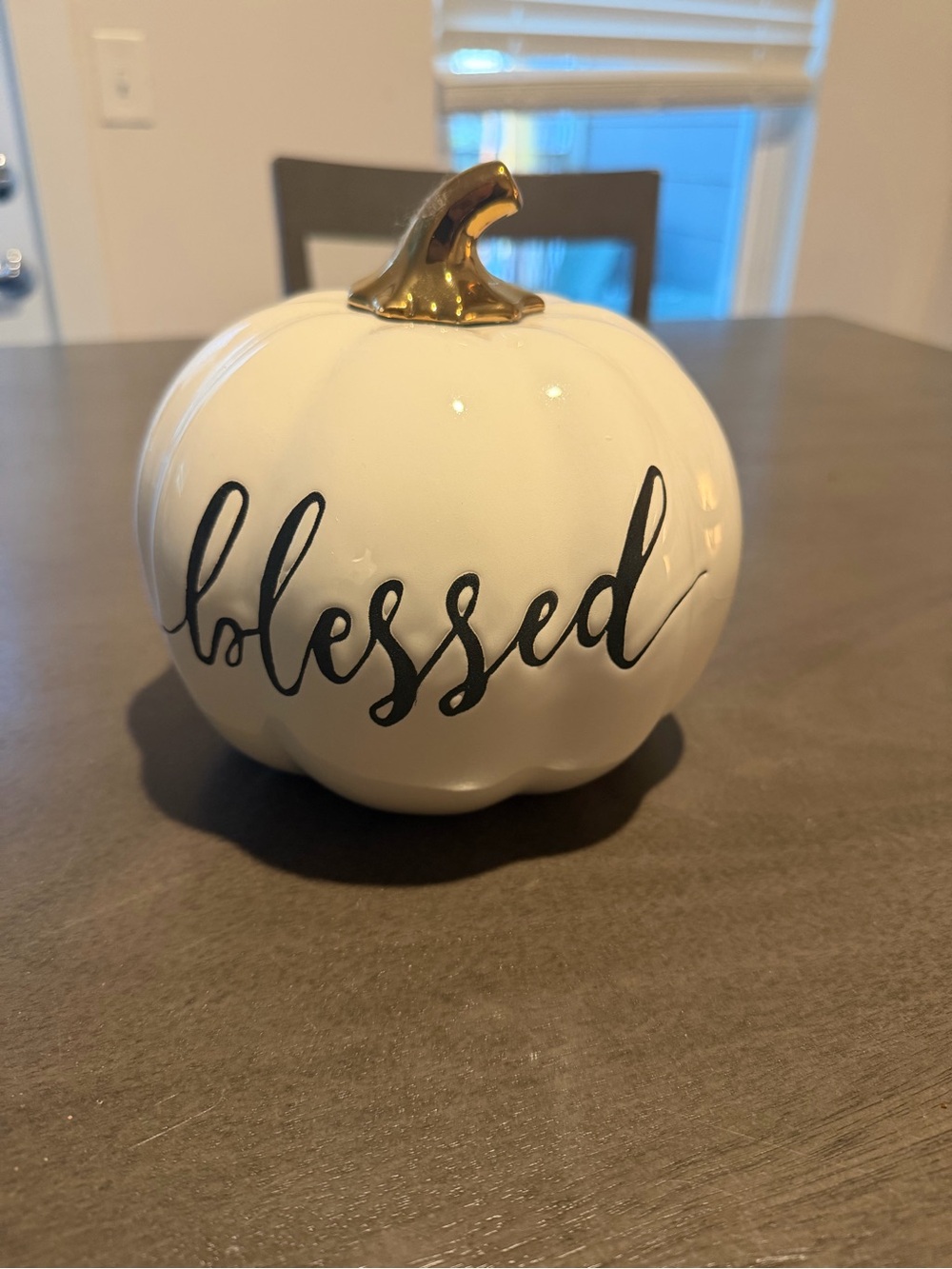 White Ceramic 'Blessed' Pumpkin with Gold Stem Accent
